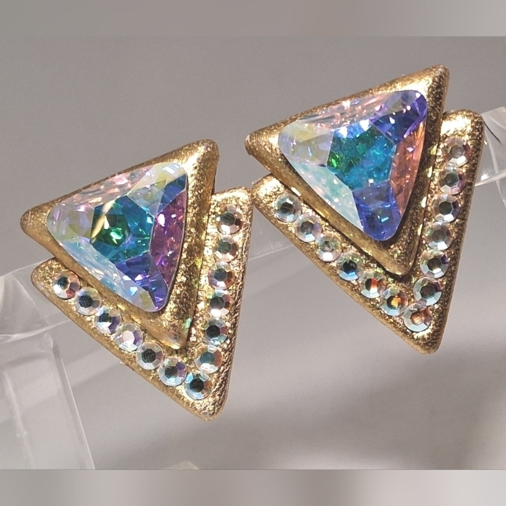* Vintage Huge Gold Leather & AB Crystals Clip On Earrings